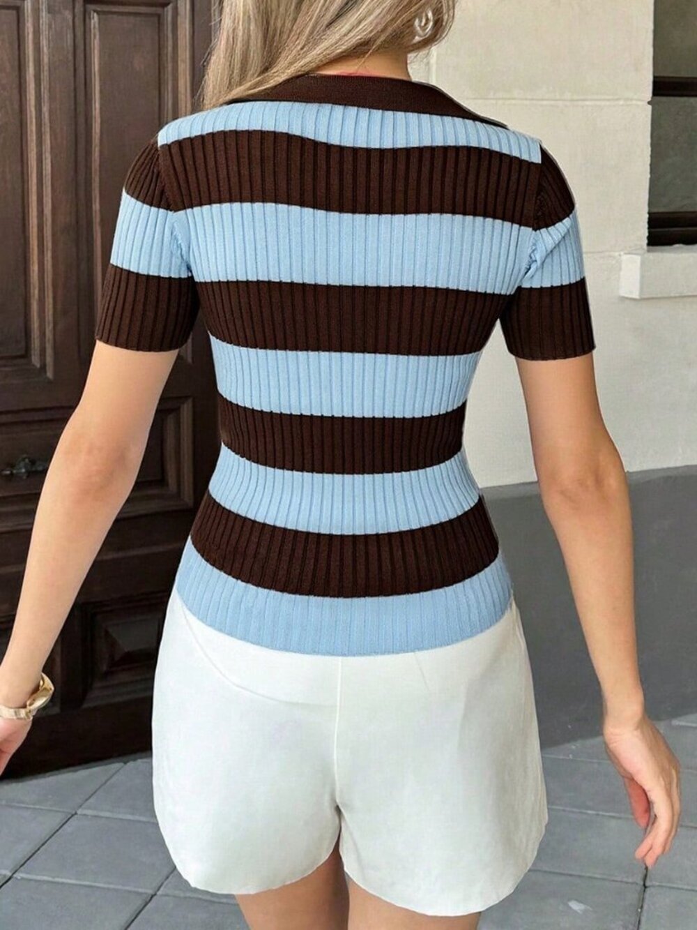 Coffee Brown Street Women's Stripe Polo Collar Knit Short Sleeve Blouse - Picture 2 of 6